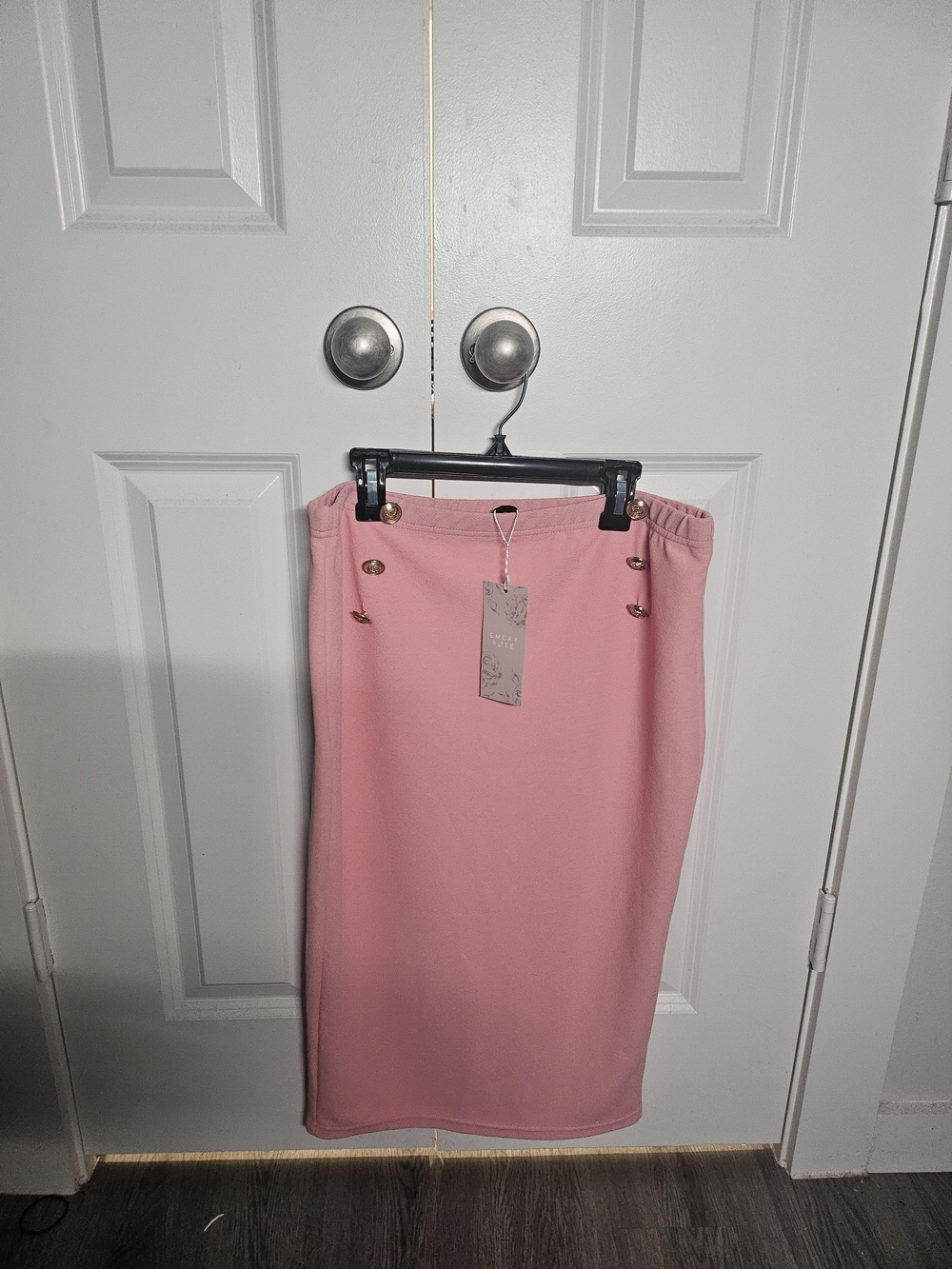 Tailored Pink Pencil Skirt with Gold Button Accents